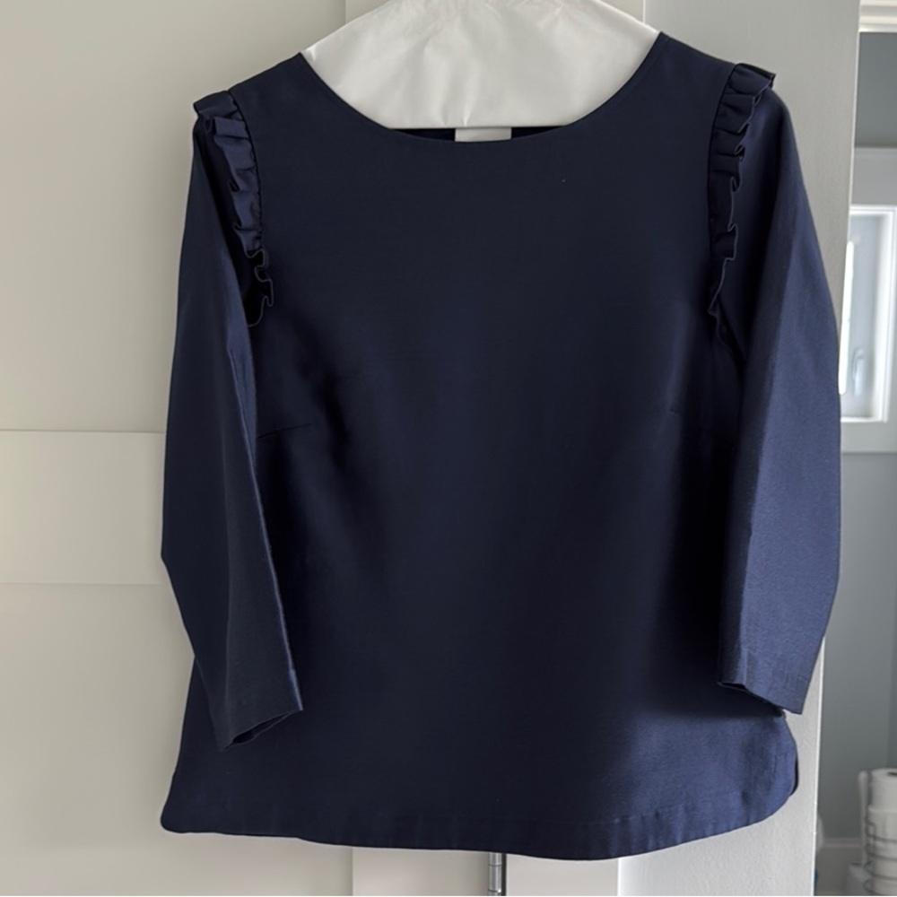 Devon Baer Navy Blue Ruffled 3/4 Sleeve Blouse